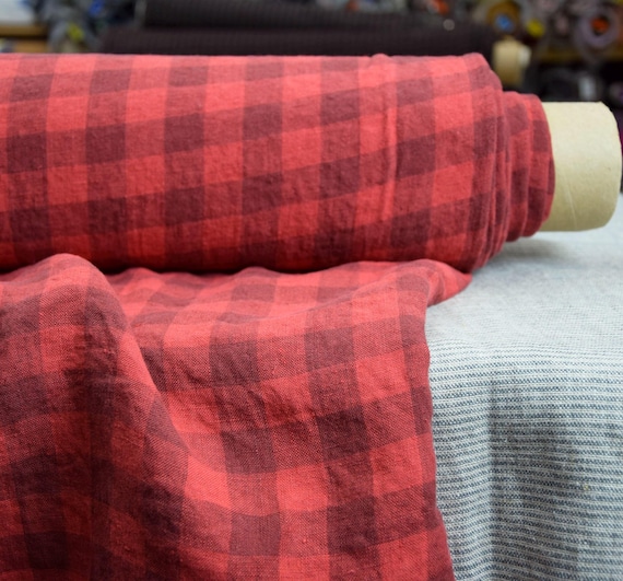 Linen Fabric - "Stella Red Chessboard" 190gsm (5.6oz), Saturated Warm Red, Gingham Pattern, Densely Woven Texture, 100% Pure, IN STOCK!