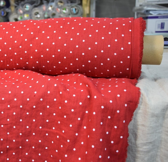 Linen Fabric "Gloria Purely Red Polka Dot", Softened 190gsm, Classic Red, White Dots, High Quality, Beautiful Design, By The Yard, IN STOCK!