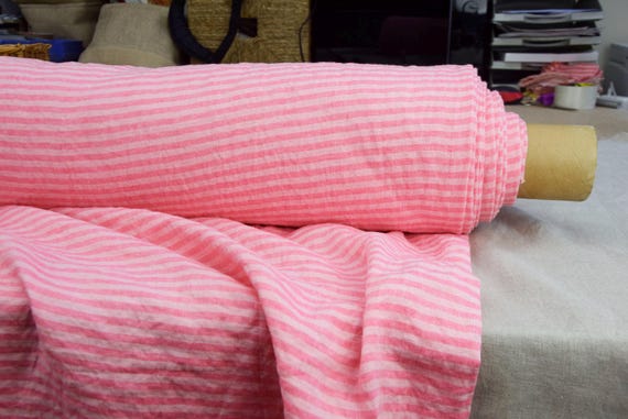 100% Linen Fabric "Aurora Pink & Rose Stripe", 160gsm (5oz/yd2), Stonewashed, Pre-Shrunk. Tightly Woven. Premium Quality. IN STOCK!