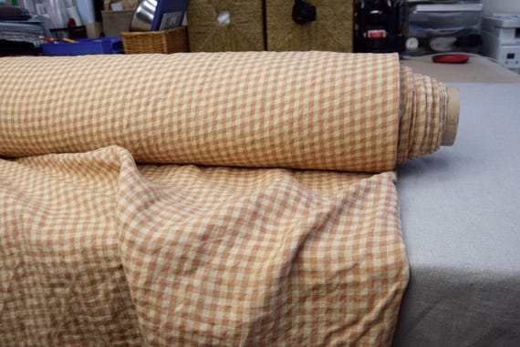 Fabric "Aurora Light Brow & Peach Gingham", Premium Quality, 6mm Check 160gsm/5oz, 100% Pure, Soft Natural Wrinkled, IN STOCK!
