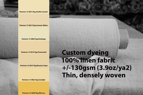 CUSTOM DYEING 100% linen fabric AURA 130gsm (3.80oz/yd2). Thin lightweight. Chamomile Banana Melon Yellow Vanilla Sunlight colors No 20.