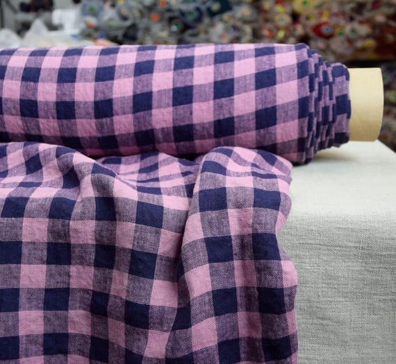 Linen Fabric "Stella Pink/Blue Gingham", 100% Organic, 190gsm (5.7oz), 2cm Checks, Charming Vichy Pattern, Creased, High Quality, IN STOCK!