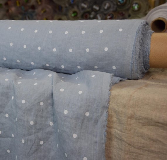 Linen Fabric "Gloria Cashmere Blue Polka Dot", White Dots, 190gsm, Beautiful Tightly Woven Texture, High Quality, Washed, Soft, IN STOCK!