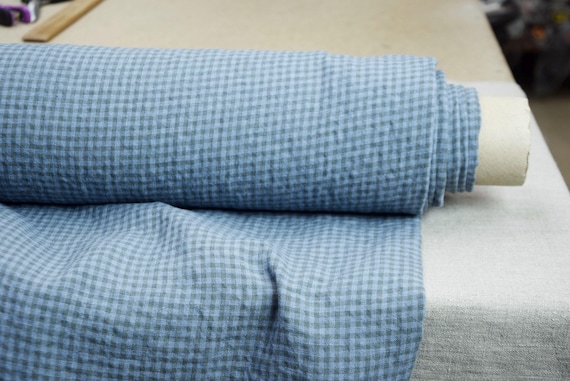 Pure linen fabric Elba Blue Gingham 200gsm (6oz/yd2). Very Peri 17-3938 Pantone. 3.5mm checks. 100% linen. Temporarily OUT OF STOCK.