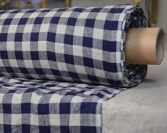 Leinenstoff &quot;&quot;Stella Blue Gingham&quot;&quot;, 190g/m², Karo 2cm, Premium 100% Leinen. Ungefärbtes Flachs & Dunkelblau, vorgeschrumpft, versandfertig!