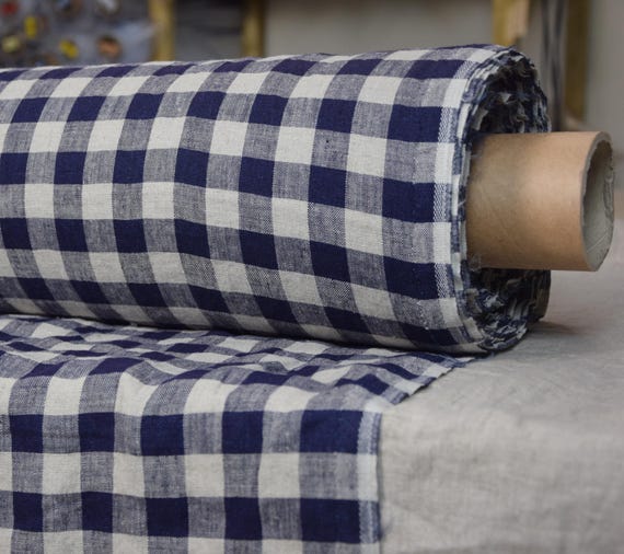 Linen Fabric "Stella Blue Gingham", 190gsm (5.6oz/yd2), 2cm Check, Premium 100% Linen. Undyed Flax & Blue, Washed Softened, Ready to Ship!