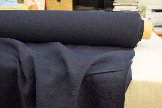 Pure Linen Fabric "Augusta Eclipse" 200gsm (6oz/yd2). Pantone 19-3810 Eclipse - mysterious very dark shade of indigo. IN STOCK.