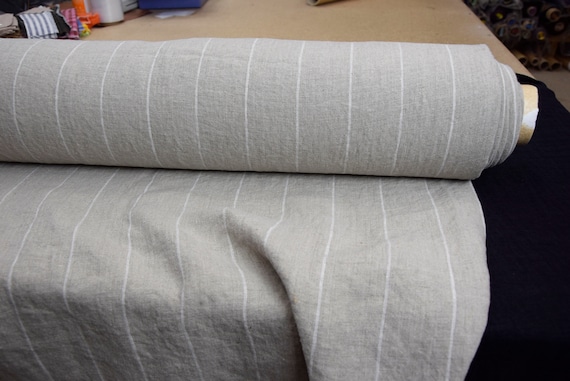 Linen Fabric "Hera Natural Striped" 215gsm (6.4oz/yd2). Pure 100% Undyed Unbleached Flax, White pinstripes at 5cm. Pre-shrunk. IN STOCK.