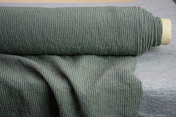 Linen Fabric "Elba Muted Green Candy Stripe" 200gsm (6oz/yd2). 100% Linen, Premium Quality, Naturally Creased, Wrinkled Preshrunk, IN STOCK.