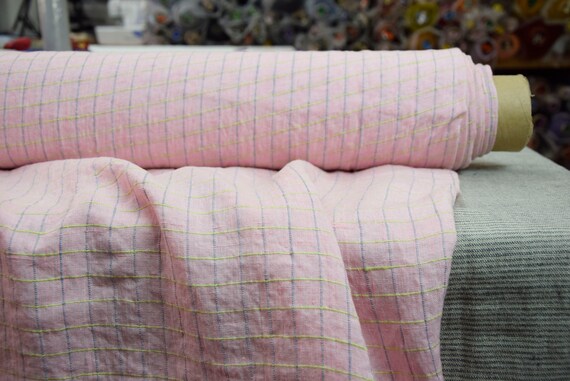 IN STOCK. Pure 100% linen fabric Aurora Pink Graph Check 160gsm (4.80oz/yd2). Washed-softened. Blue, yellow grid pattern.