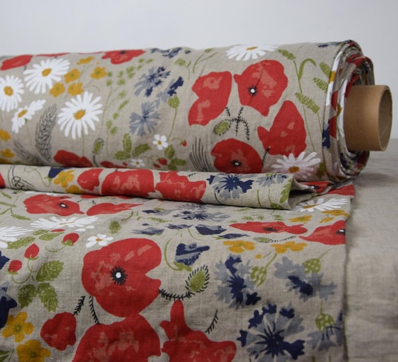 Floral Linen Fabric "Augusta Meadow"  Natural, 150gsm, Soft Washed, Undyed Flax, Flowers, Beautiful Creased Texture, High Quality, IN STOCK!
