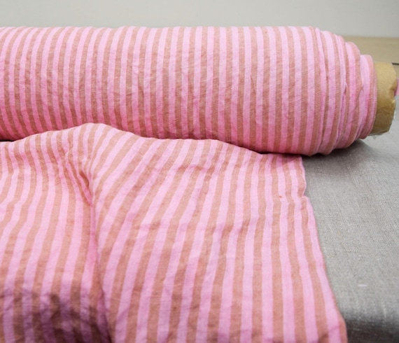 Linen Fabric "Aurora Pink & Brownish Stripe", Premium Lightweight (160gsm/5oz) 100% Pure Linen, Preshrunk, Naturally Creased, Soft, IN STOCK