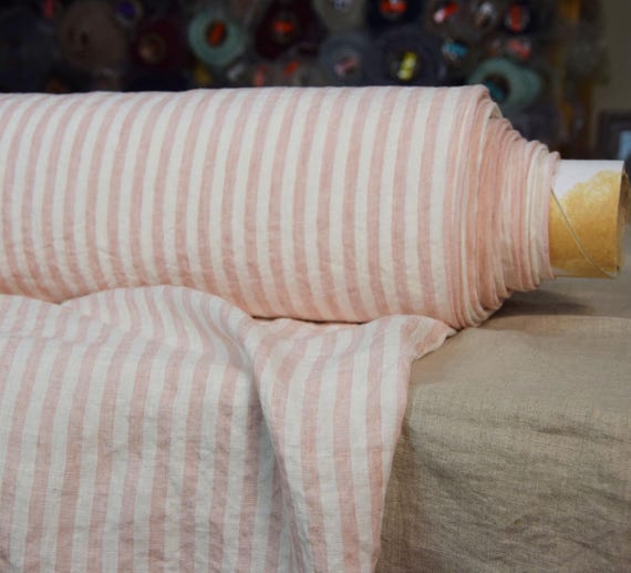 Premium 100% Linen Fabric - Aurora Blush Pink - Subtle 8mm Bengal Stripes - 160gsm (5oz/yd2), Washed & Pre-Shrunk - Ready to Ship IN STOCK.