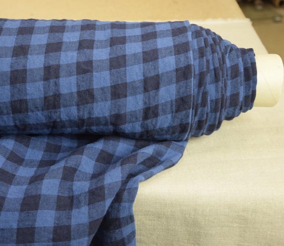 Linen Fabric - "Stella Blue Gingham", Cobalt Blue/Blue-Black 2cm Vichy Check, 190gsm (5.7oz), 100% Organic Durable, Premium, Ready to Ship!