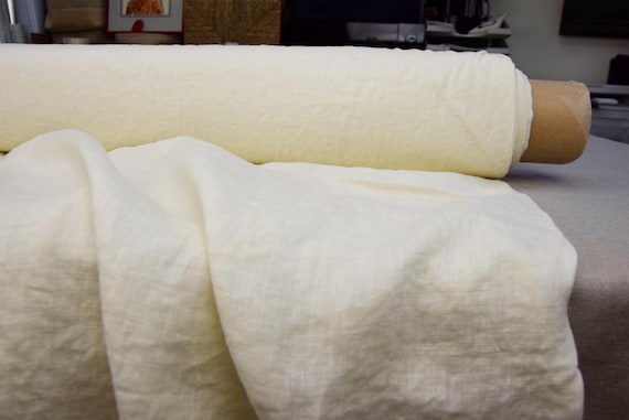 Linen Fabric "Aura Pale Yellowish Ecru" Thin & Lightweight 125gsm (3.7oz/yd2) Pure 100% Linen, Subtle Creased. Light Yellow_Beige. IN STOCK.