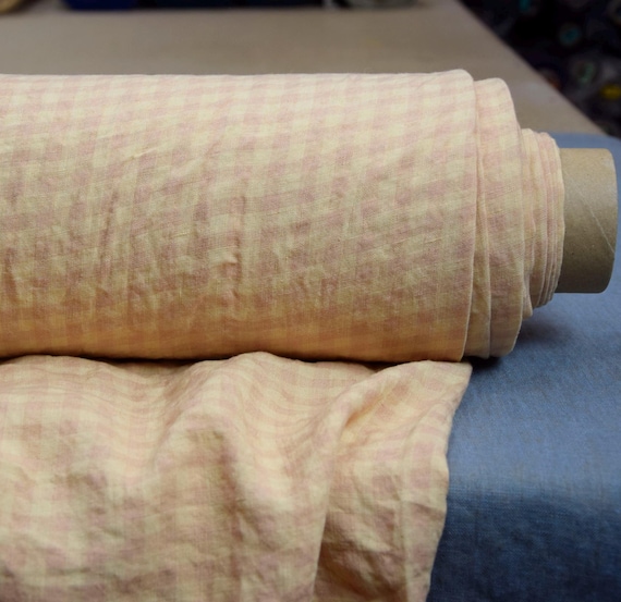 Fabric 100% Linen "Aurora Tender Peach & Pink Gingham", 160gsm (4.8oz), Soft, Drapey, Premium, Perfect for Summer Sewing! IN STOCK.