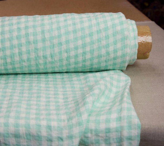 Pure 100% linen fabric Aurora Greenish Mint Gingham 160gsm(4.80oz/yd2). 8mm vichy. Green with subtle hint of aqua mixed in. IN STOCK.