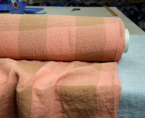 Linen Fabric - Margarita Gameboard, Peachy Coral Gingham, 200gsm (6oz), 100% Pure, Pantone Desert Flower, IN STOCK!
