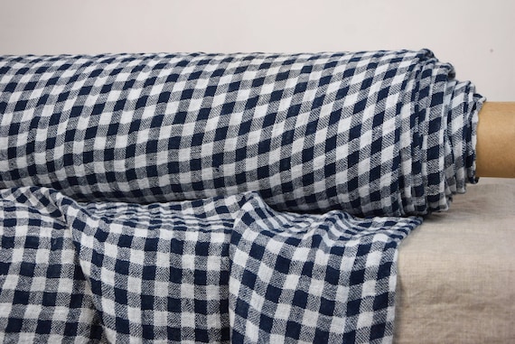 Lightweight & Sheer Dark Blue Gingham Linen Fabric - Pura, 110gsm (3.2oz/yd), White/Blue-Black Checks, Softened, Pre-shrunk. Ready to Sew!