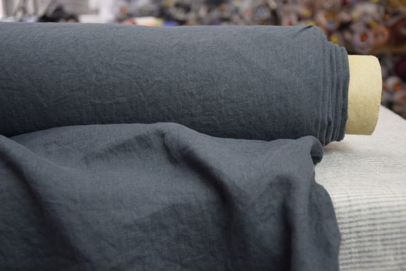 Linen Fabric "Augusta Anthracite" 170gsm (5oz/yd2). Pure 100% Linen, Softened, Stonewashed, Pre-shrunk, Breathable, Dark Gray. IN STOCK.