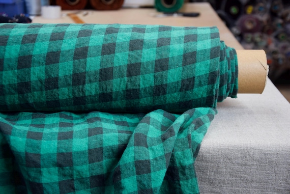 100% linen fabric "Stella Green & Brown Gingham" 190gsm (5.7oz/yd2). Mint Green and Maroon Reddish-Brown Check. High-Quality Linen IN STOCK.