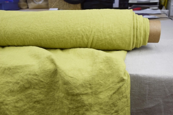 Pure Linen Fabric Nata Vernal Green. Mid-Heavy Weight 250gsm (7.3oz), Soft Stonewashed, Greenery colored. Premium Quality, By The Yard.