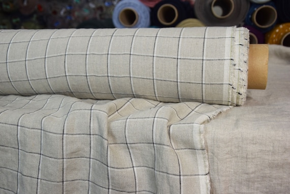 Pure 100% linen fabric "Paloma Grid Natural/White/Black" 220gsm. Checkered. Washed-softened. OUT OF STOCK.