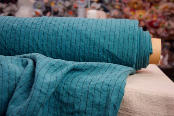 Pure 100% Linen Fabric "Gloria Blue-Green with Pinstripe" 200gsm/6oz. Pantone June Bug 19-5414. Deep Teal, Turquoise, Green-Blue. IN STOCK.