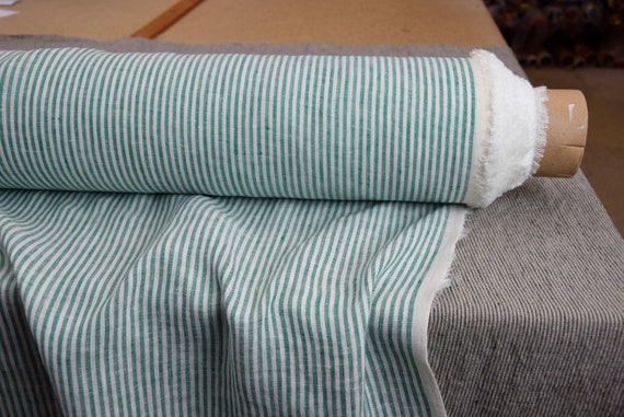 Linen Fabric "Aura Green/White Striped" 125gsm/3.7oz, Breathable For Summer Garments. Premium 100% Pure Linen. Soft, Drapey. Ready to Ship!