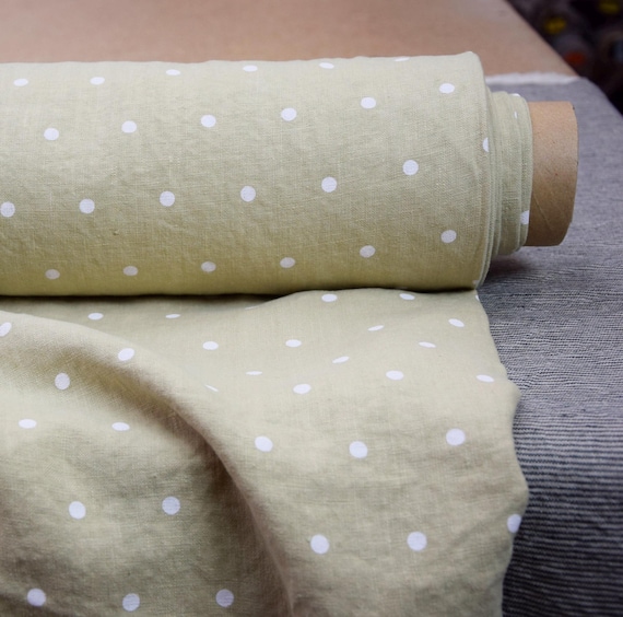 Fabric Linen Pure 100%, "Gloria Sweet Pear Polka Dot" 200gsm (6oz/yd2). Pear Green, Yellow - Green. Lovely Texture, High-Quality, IN STOCK.