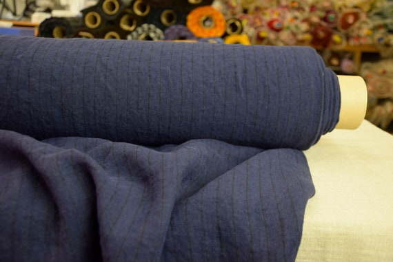 Pure Linen Fabric "Gloria Dark Blue with Pinstripes" 200gsm (6oz/yd2). Pantone 19-3810 Eclipse - mysterious shade of indigo. IN STOCK.