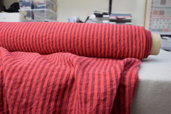 Fabric "Aurora Red & Purple Stripe", 100% Pure Linen, Premium Quality, Lightweight 160gsm/5oz, Pre-Shrunk, Creased, Soft, Ready to Ship!