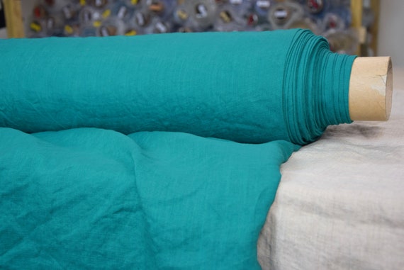 Pure 100% linen fabric Regina Green Tile 130gsm. Deep blue-green color. Light weight, washed-softened.