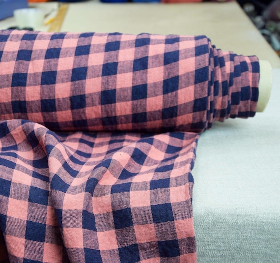 Check Linen Fabric - "Stella Persimmon/Dark Blue Gingham", 100% Pure, 190gsm (5.7oz), Orange-Pink/Red, Pantone 16-1544, Preshrunk, IN STOCK!