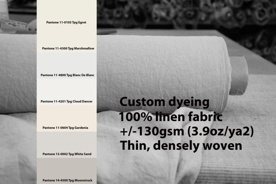 CUSTOM DYEING 100% linen fabric AURA 130gsm (3.80oz/yd2). Thin lightweight. Pantone Off-white, other very light pale colors, pallette No 25.