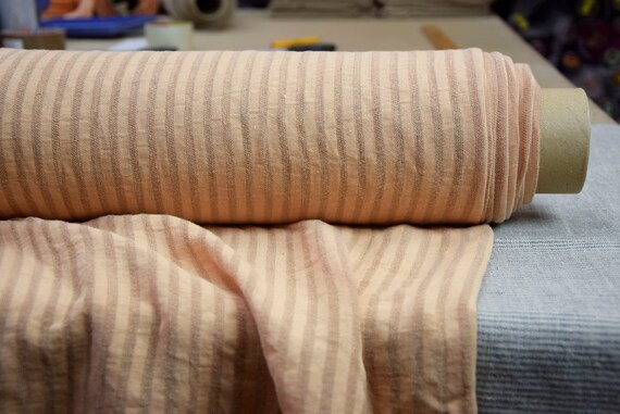IN STOCK. Linen/cotton 48/52% fabric Barbara Peach Striped 120gr/m2 (3.40 oz/yd2). Very soft, smooth, pre-shrunk, organic, antistatic.