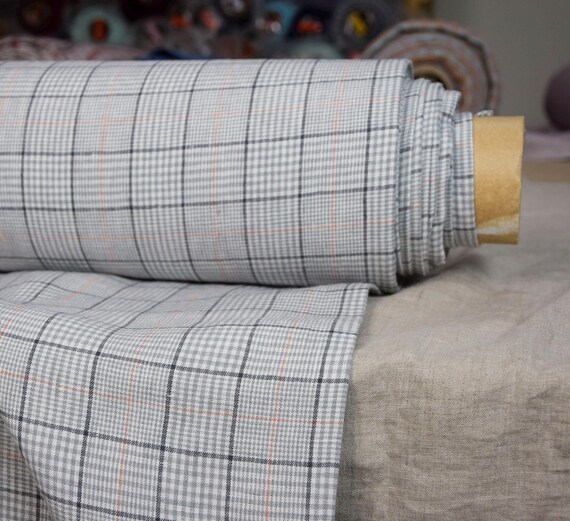 Linen Fabric "Gloria Gray Orange Windowpane Check", Soft Washed Pure Linen, 190gsm (5.6oz), Luxurious, Limited Edition, IN STOCK!