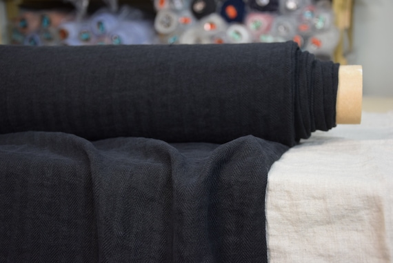 Pure 100% linen fabric "Sigma Black Herringbone" 230gsm(6.80oz/yd2). Washed-softened. Pre-shrunk. Extra soft. Temporarily OUT OF STOCK.