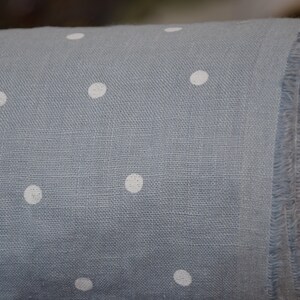 IN STOCK. Pure 100% linen fabric Gloria Cashmere Blue Polka Dot 190gsm. White dots, pastel soft blue. Washed-softened. image 3
