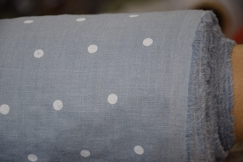 IN STOCK. Pure 100% linen fabric Gloria Cashmere Blue Polka Dot 190gsm. White dots, pastel soft blue. Washed-softened. image 3