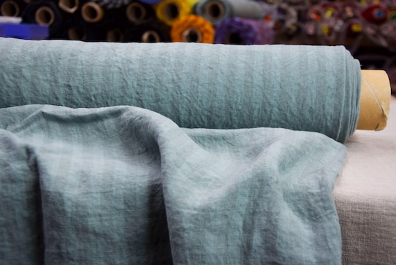 Linen Fabric - "Gloria Bengal Stripe Jadeite", Mellow Green Shade, 200gsm (6oz), Washed, Soft, Pantone 16-5304, Excellent Quality, IN STOCK!