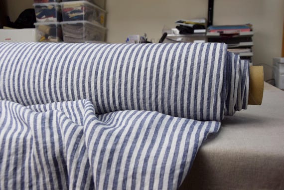 Linen Fabric "Aurora Blue Stripe" Premium Quality, Lightweight 160gsm/5oz, 6mm Navy Stripe, 100% Pure, Soft, Naturally Wrinkled, IN STOCK!