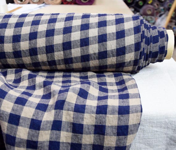 Dark Blue & Beige Gingham Linen Fabric "Stella", 2cm Check, 100% Pure, 190gsm/5.8oz, Premium, Stylish Creased, Washed, Pre-srunk, IN STOCK!