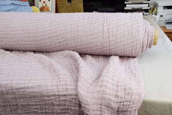 Linen Fabric "Vita Pale Mauve with White Stripe", Fluffy Soft, 100% Pure, 230gsm (6.8oz), Premium Quality, IN STOCK!