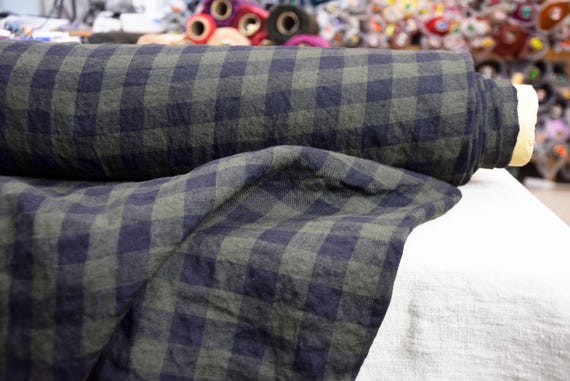 100% Linen Fabric "Stella Navy & Dark Green Gingham" 190gr/m2 (5.8oz/yd2). Pantone Forest Night 19-0414. Preshunk, Washed, Soft. IN STOCK.
