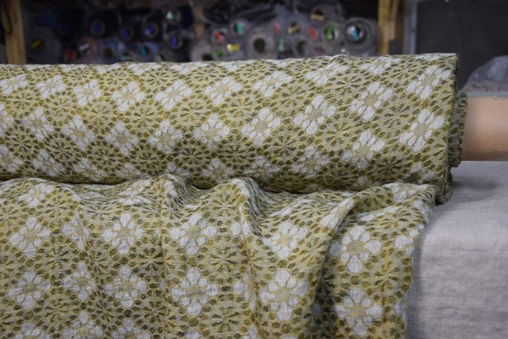 Temporarily OUT OF STOCK. 100% linen fabric Flora Fancy 155gsm, floral geometric jacquard pattern, washed-softened.