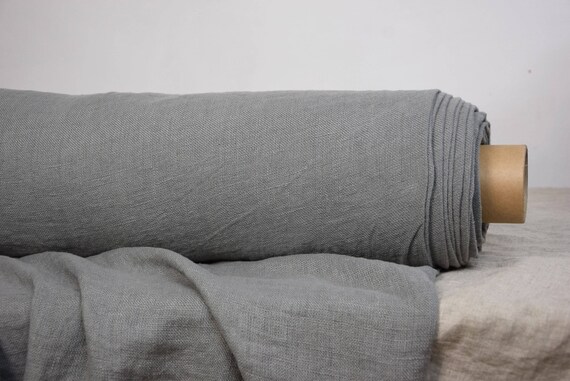 Pure 100% linen fabric Felicia Silver Cloud 180gsm, light gray color. Medium weigh washed-softened. Loosely sparsely woven. By the yard.