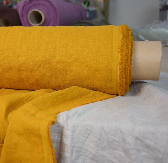 Vibrant Linen Fabric - "Gloria Curcuma Yellow", Soft, Washed, 200gsm (6oz), 100% Pure, Beautiful Bright Golden Yellow-Orange Color IN STOCK!