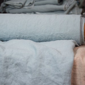 IN STOCK. Pure 100% linen fabric Luna Sage Tint 290gsm  (8.55 oz/yd2). Bluish-greenish. Washed/Softened. Naturally wrinkled.