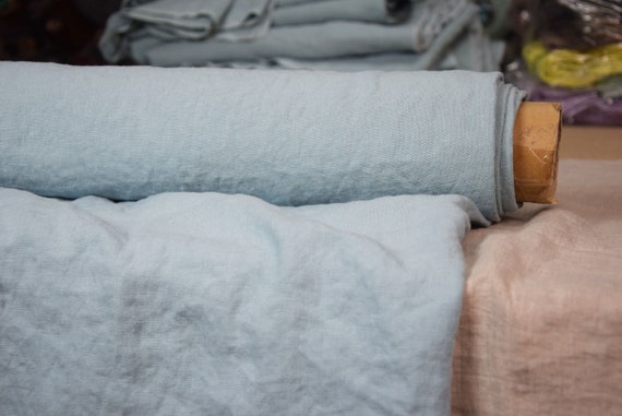 Pure 100% linen fabric Luna Sage Tint 290gsm  (8.55 oz/yd2). Bluish-greenish. Washed/Softened. Naturally wrinkled.